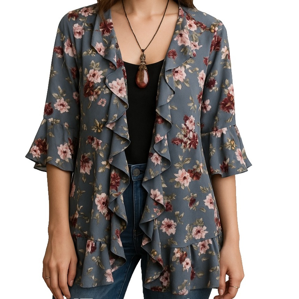 Entro Gray Floral Ruffle‎ Kimono Cardigan Womens S Boho Open Front Lightweight